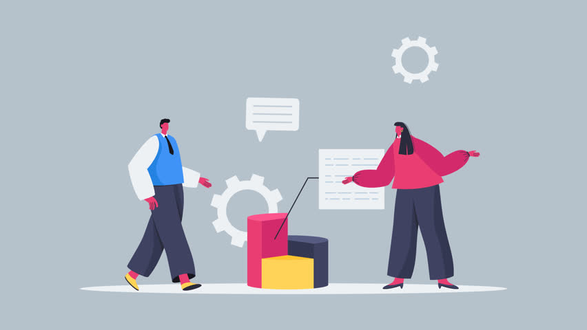 Flat design of a businessman and coworker are in front of his office, talking about customer
