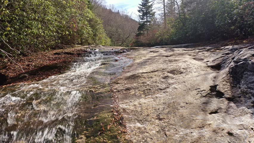 Aerial view of Bubbly Falls waterfall in Appalachian Mountains of North Carolina near Blue Ridge Parkway