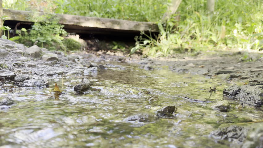 Shallow stream flowing under wooden bridge detail