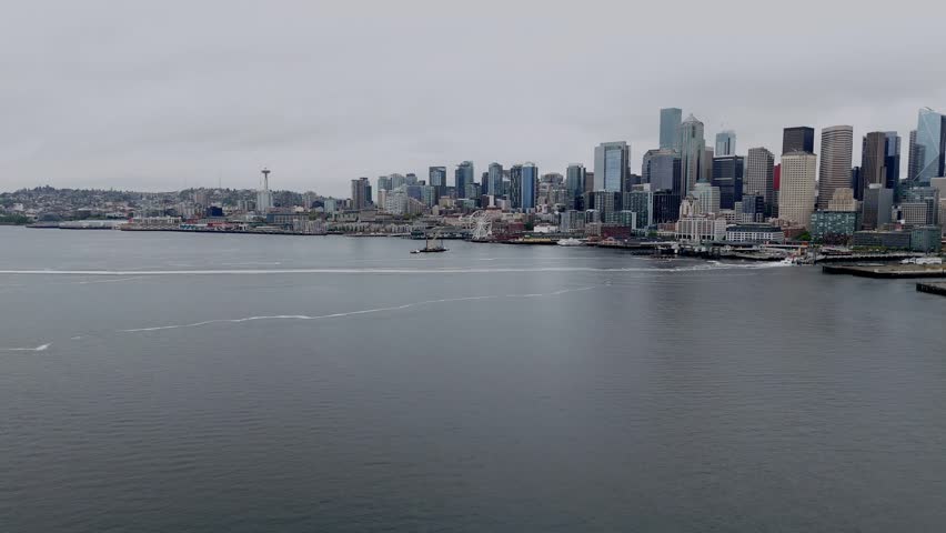 Aerial View of Seattle Skyline Across Elliott Bay
