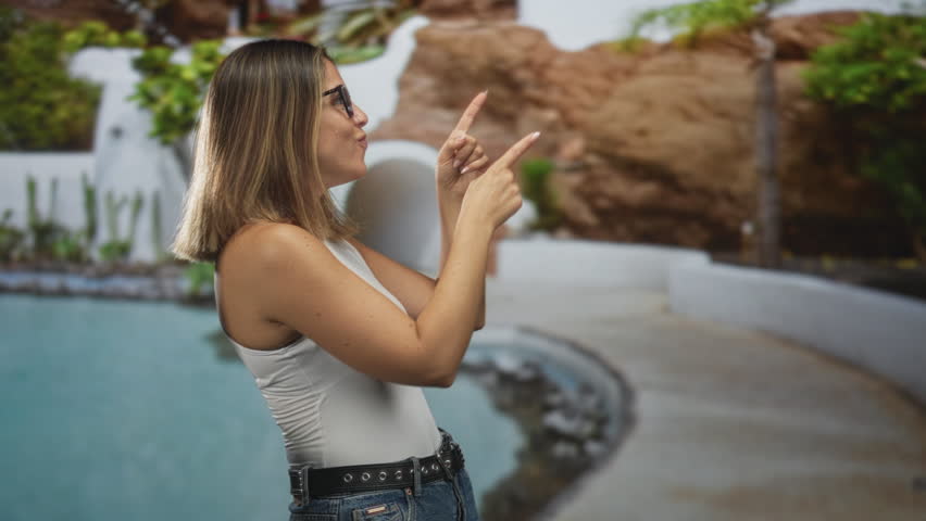 Woman points both index fingers at pool waterfall and curved pathway while smiling in white tank top and jeans; playful invitation.