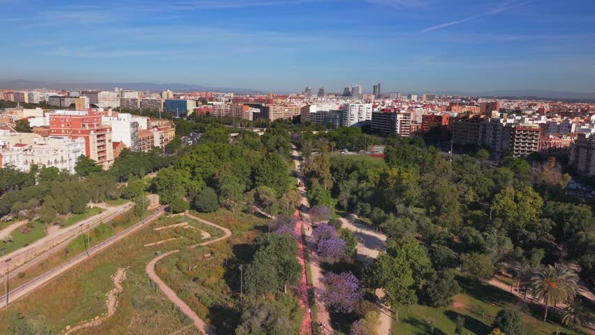 VALENCIA, SPAIN Aerial view of the Turia Gardens riverbed park featuring lush green trees, walking paths, and sports facilities under a clear blue sky