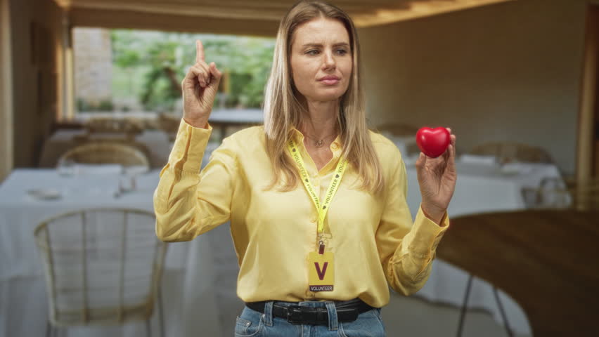 Woman holding red heart and points index finger upward while wearing volunteer badge in a care home dining room building; heart health concern.