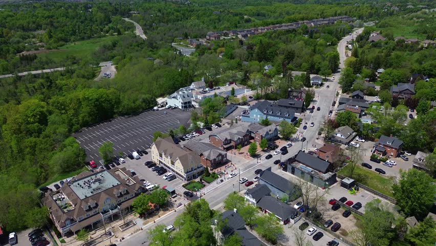 Drone view of Kleinburg village with residential neighborhoods roads commercial buildings and green landscape during a sunny spring day in Vaughan Ontario. Vaughan, Canada - May 26, 2026.