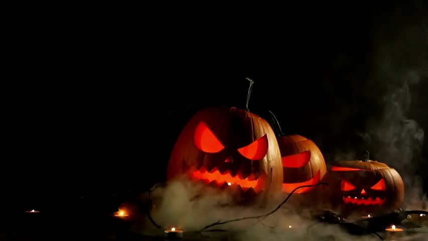 Creepy Halloween night with a spooky pumpkin and misty graveyard. Eerie silhouette of a haunted tree against a dark background. Concept of horror and