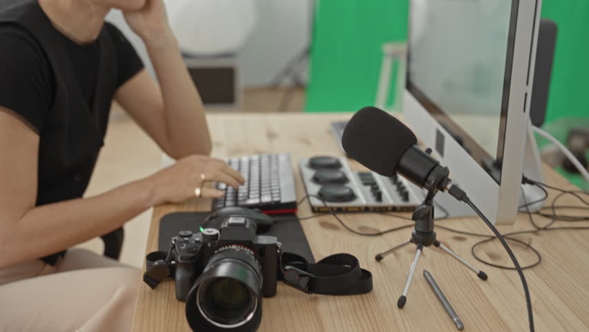 Woman photographer types at keyboard with hand on cheek in studio with green screen and mic visible; thoughtful concentration.