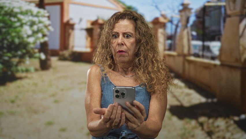 Woman holding smartphone in both hands, staring at screen with wide eyes, curly hair and blue tanktop visible on a street; surprise.