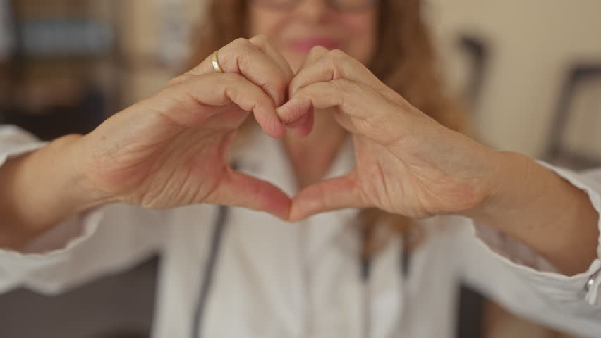 Woman doctor forms heart shape with hands and visible palms, wearing stethoscope in clinic office; compassion trust.