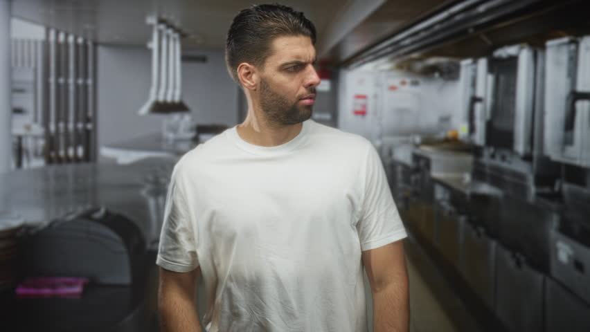 Man in white shirt covering mouth with hand and thumb pointing in a busy kitchen inside a building; surprise caution.