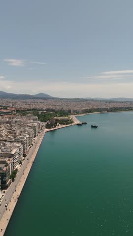 Aerial drone view of Thessaloniki city center, Aristotelous Square and waterfront, Greece