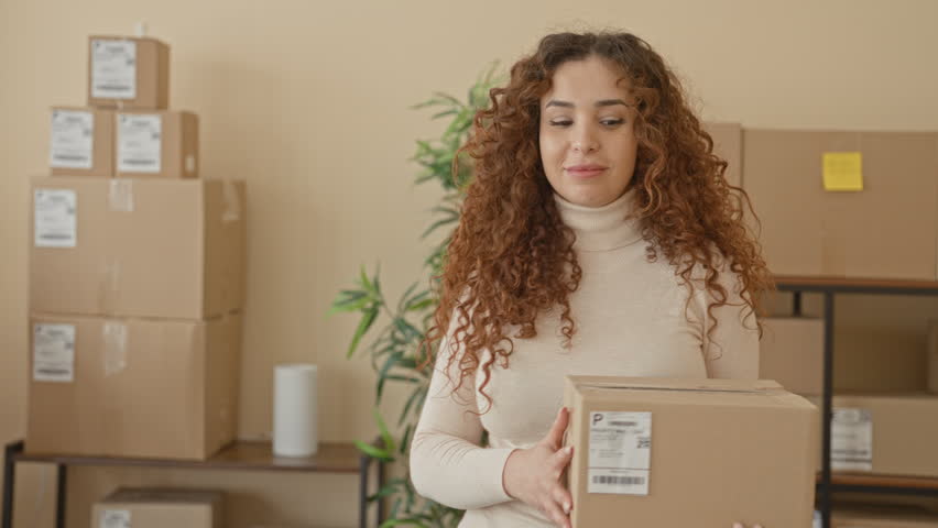 Woman holding a cardboard parcel and points finger to shipping label on box in a packing area inside a building; small business pride.