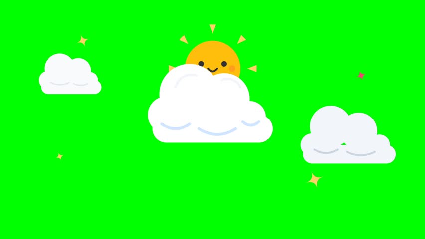 Animated cartoon sun peeking behind fluffy clouds on green screen