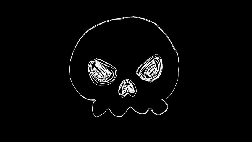 A scary skull doodle line drawing illustration. A hand-drawn icon video with moving lines. A looping 4K animation. A decorative stamp of a drawing drawn freehand with a white pen on a black background.
