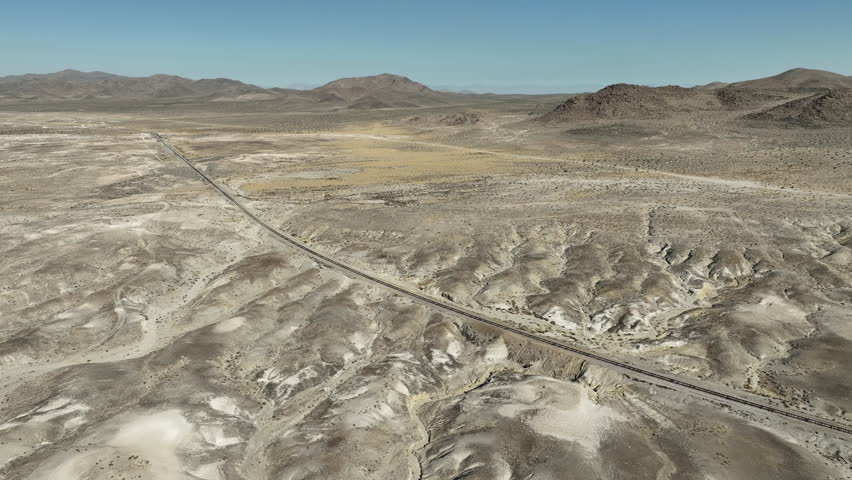 California Desert Near Death Valley Aerial Shot of Train Track Forward in Trona