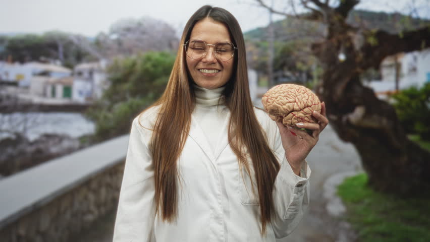 Woman in white coat holding an anatomical brain with one hand and shielding her eyes with the other in a street by stone wall and tree; curiosity discovery learning.