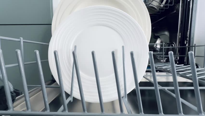 Interior of a modern dishwasher showcasing pristine white plates stacked on the upper rack