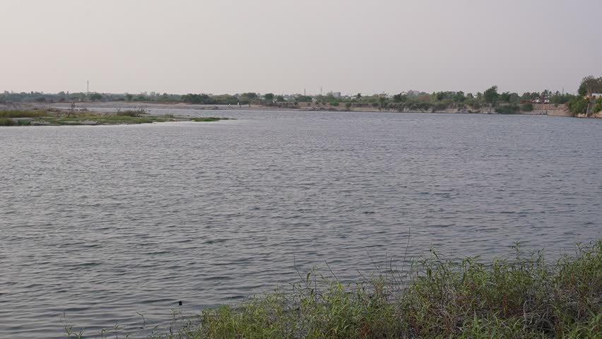 Calm lake water with distant shoreline and natural vegetation under a clear daytime sky.