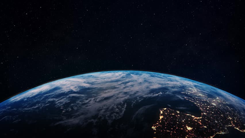 Night planet earth glowing cities, view from space on background of stars. Beautiful sunset, setting sun over spinning globe. Globe from Orbit Satellite. Global World Technology and. 3D Illustration