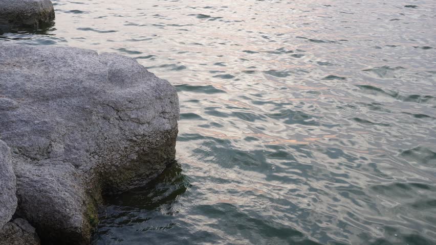 Rocky shoreline beside rippling lake water captured in natural daylight.
