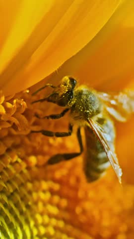 A bee collects pollen on a sunflower. High quality 4k footage