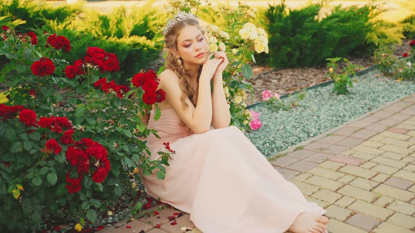 art portrait girl teenager enjoys fresh fantasy summer nature garden sitting in green grass bush flowers red yellow roses aroma spring. Young woman beauty face dreaming, long hair royal luxury crown.