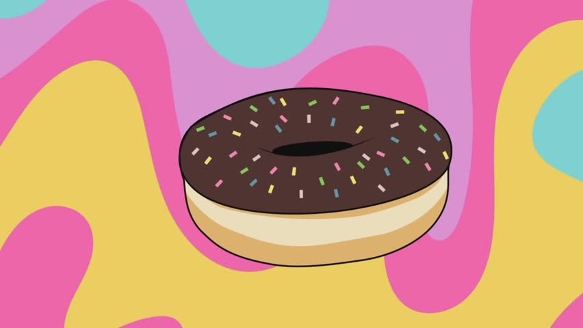 Chocolate glazed donut with colorful sprinkles on abstract liquid wavy background vector illustration