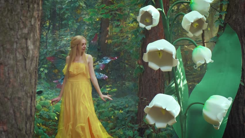 Fashion model posing fantasy woman fairy princess walking in green forest grass ivy touching big flowers white lilies of valley Scenery. Costume elf pixie wings yellow dress. Girl elf enjoys nature.