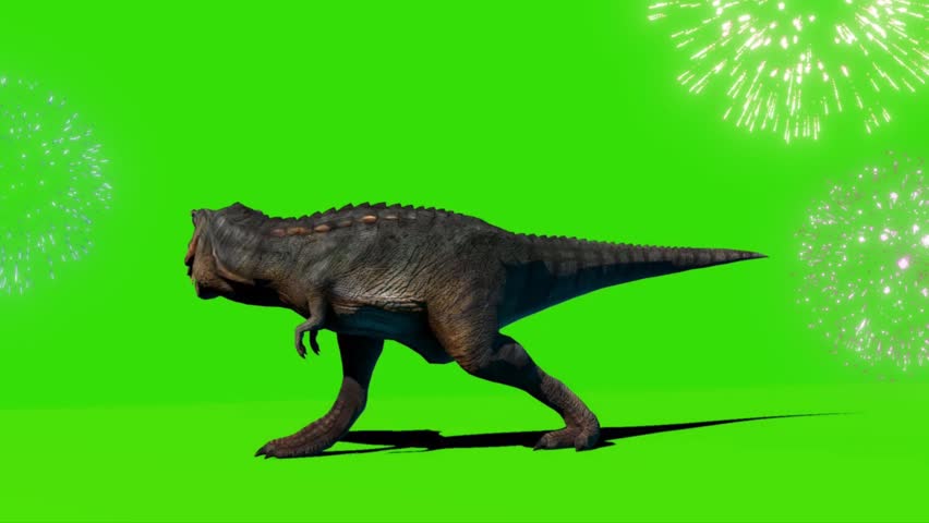 Dinosaur running with fireworks on green screen background, chroma key prehistoric monster overlay
