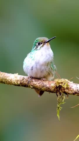 Tiny Green Hummingbird Perched on Mossy Branch