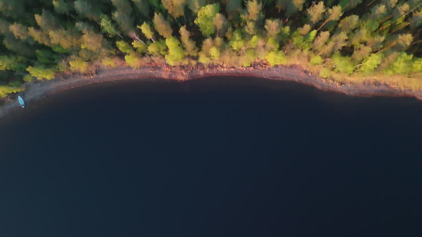 Puumala Saimaa Lake aerial glides forward above sunlit treetops, revealing a lone boat on the shore and a narrow road partly concealed behind the forest, Finland.