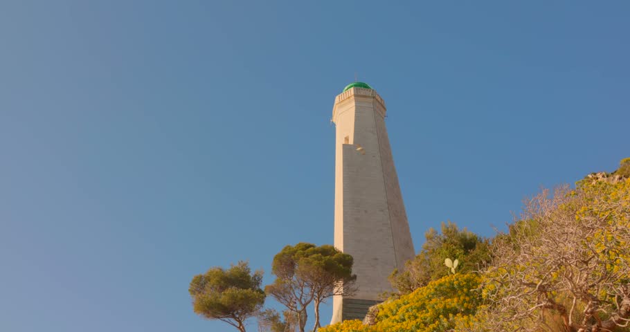 Low angle shot looking up at the white lighthouse tower of Saint-Jean-Cap-Ferrat surrounded by Mediterranean pine trees under a clear blue sky.