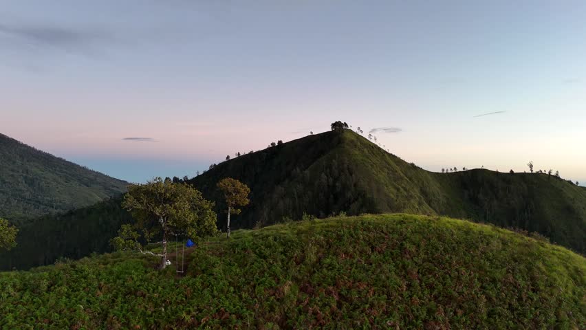 Serene Mountain Landscape with Camping Tent and Swing at Twilight, Beautiful Scenic Nature View