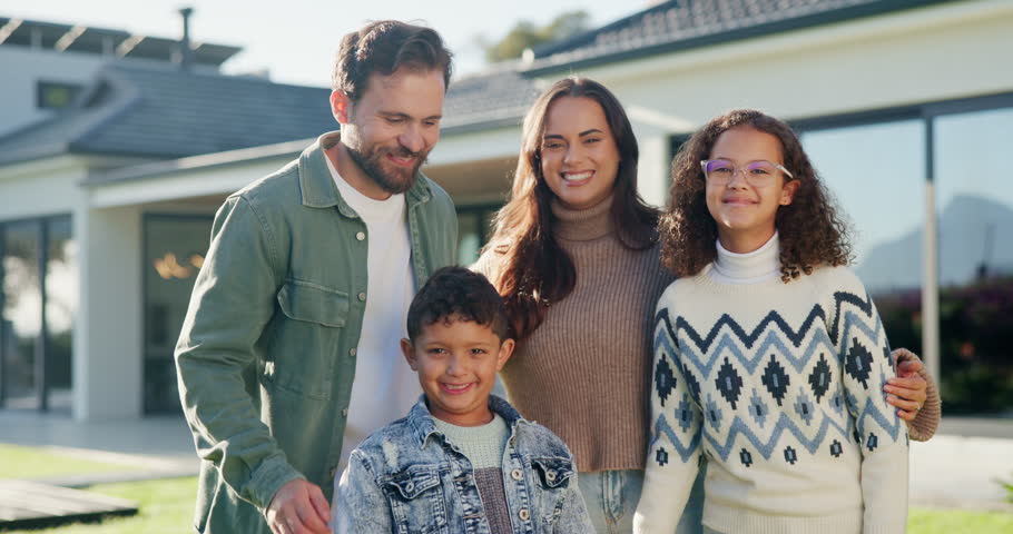 Outdoor, face and parents with kids at house, embrace and pride for property investment or milestone. Family, laugh and people with children, hug and smile for home ownership and real estate in USA