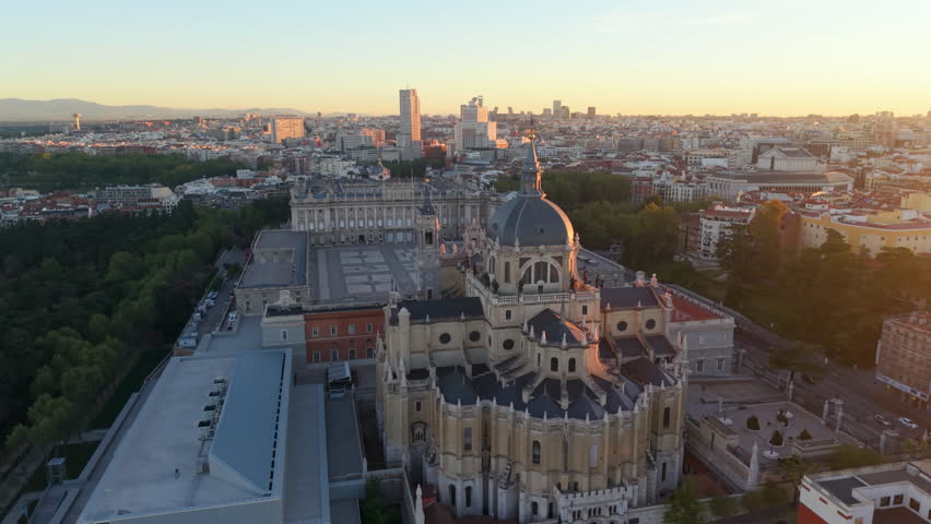 Aerial view of Royal Palace. Madrid. Spain. Medieval Buildings Landscape. Santa Maria Cathedral.