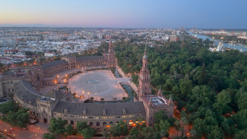 Seville square panorama. Aerial shot of Seville plaza. View from above of historic Seville site