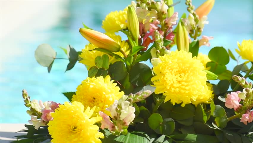 Beautiful bright flowers art design, professional floristic bouquet close up. Colorful Chrysanthemums and other flowers, collected in a beautiful floral arrangement, hotel, wedding table decoration. 