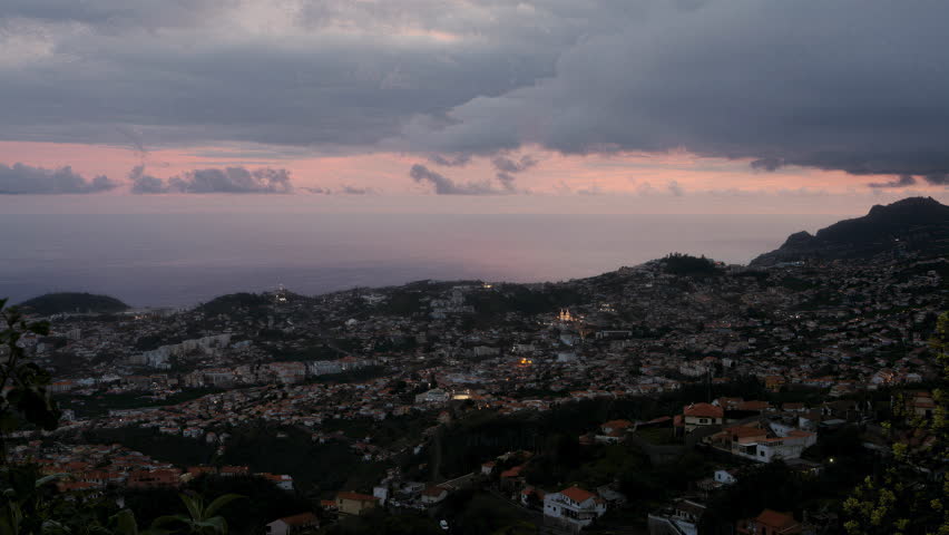 Funchal city cloudy sunset, Madeira island, Portugal
