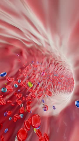 Vitamin and mineral molecules inside human blood, essential nutrition for body health and wellness, 3D Rendering
