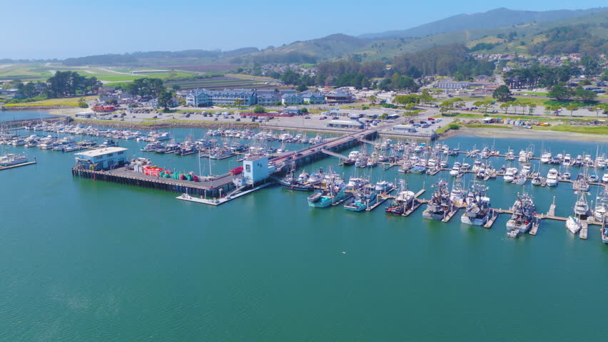 Half Moon Bay California Rotating Aerial View of Harbor and Fishing Boats