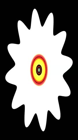 A visually striking abstract image featuring a white, starburst-shaped flower with a central core of concentric yellow, orange, and black circles against a black background.