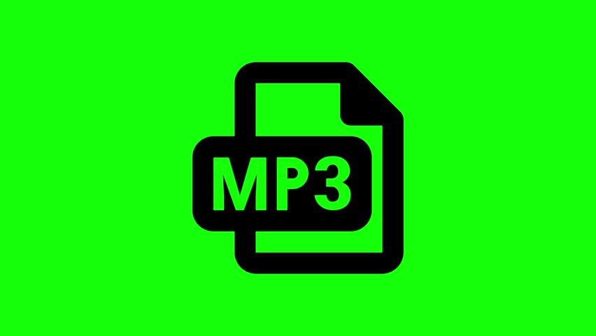 Animated MP3 file icon with headphones and music note on a green screen, representing digital audio and sound technology.