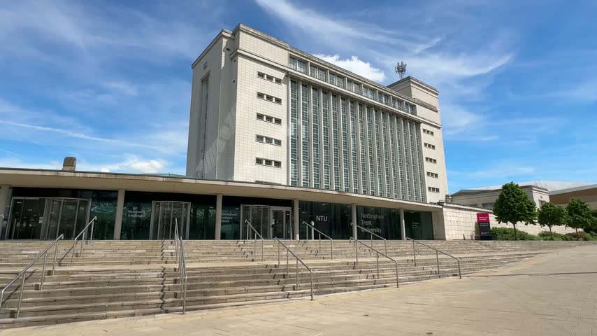 View of the historic Newton and Arkwright Building at Nottingham Trent University City Campus in Nottingham, England, featuring iconic academic architecture.