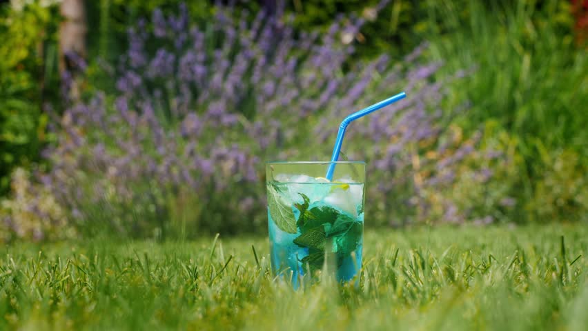 Cold blue refreshing drink outdoors on green grass lawn.