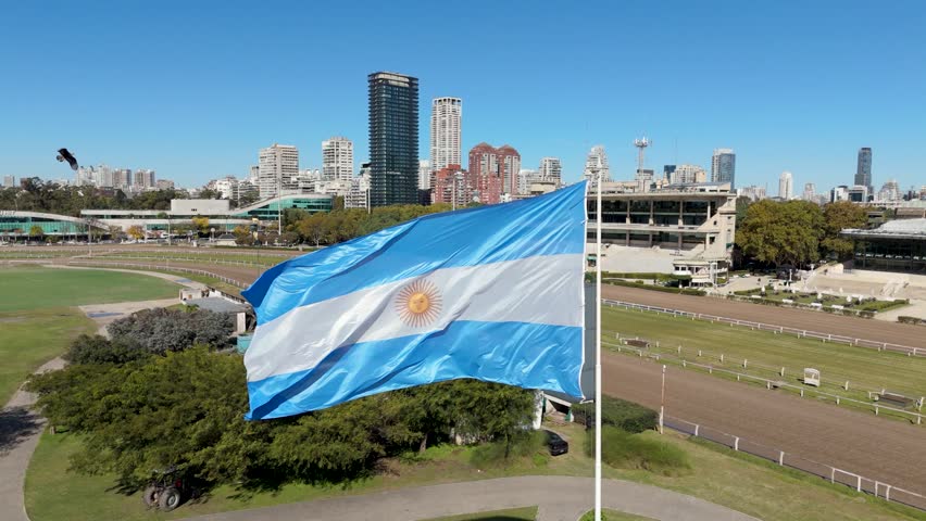 Argentine flag waving at a racetrack with city skyline and clear sky in view