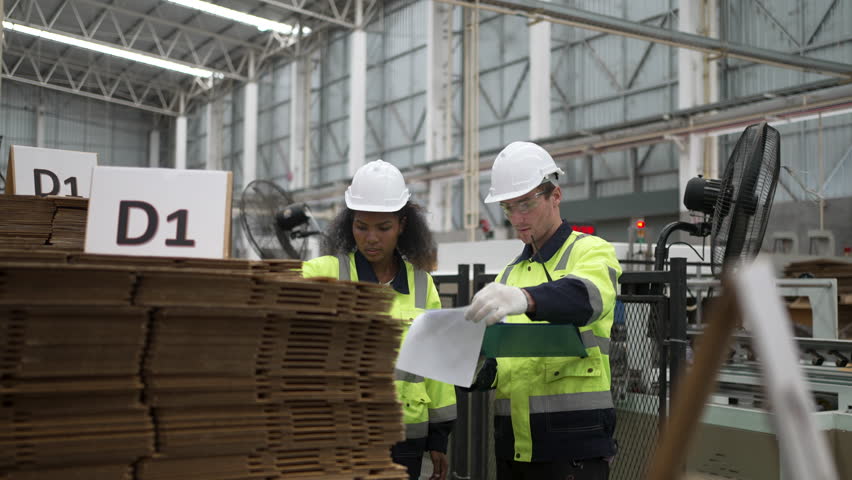 Diverse factory workers examine corrugated cardboard sheets in a manufacturing plant. Industrial team quality inspection in warehouse.
