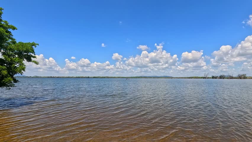 Panoramic Lake View Framed by Tree Branches Under Blue Sky With Clouds and Rippling Water Scene