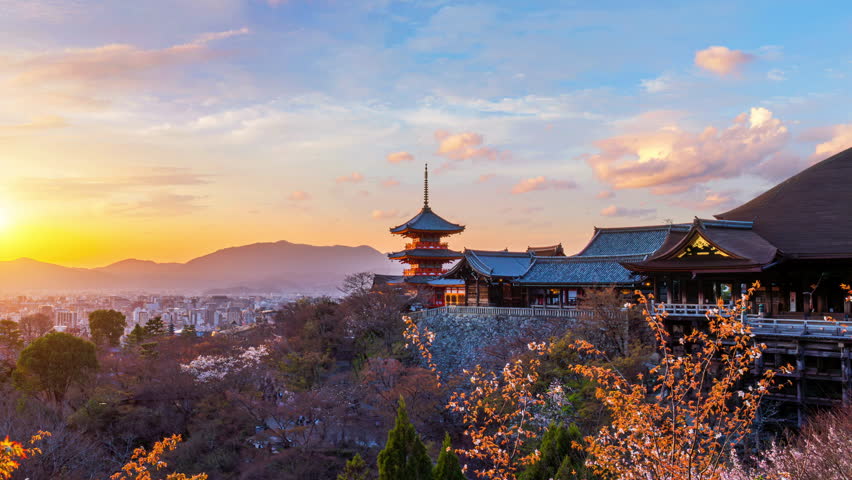 Scenic of Kiyomizu temple at sunset in Kyoto, Japan.
