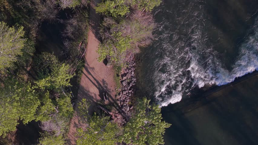 Top-down drone sunrise video of the Boise River and Greenbelt trail in Boise, Idaho. A lone jogger runs along the lush spring pathway as warm golden sunlight glows across the river. Peaceful early morning scene with fresh green trees and beautiful spring atmosphere. Perfect for wellness, nature, lifestyle, and scenic aerial content.