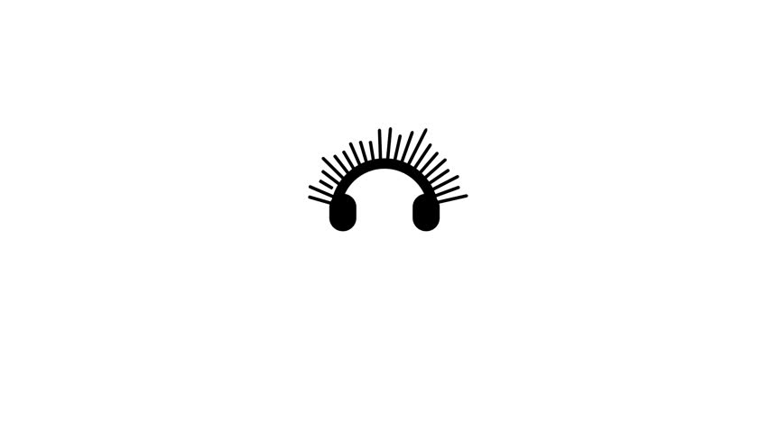 Black outline icon of music headphones with abstract sound waves playing over a white background.
