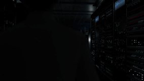 Decentralized Technology. IT Administrator Activating Modern Data Center Server with Hologram. - Powered by Shutterstock - Get 15% off with code: PIKWIZARD15